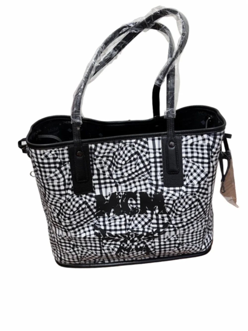 NWT MCM Women's Liz Reversible Shopper Tote in Black & white, Visetos & leather